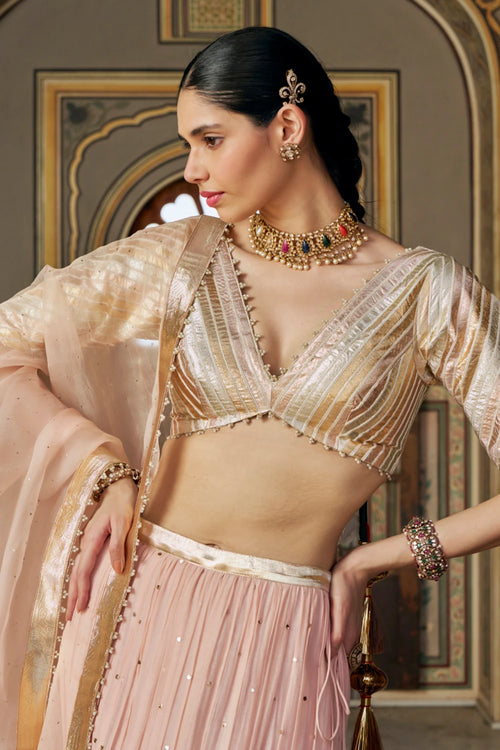 Vintage Blush Tri-Color Fish Cut Lehenga