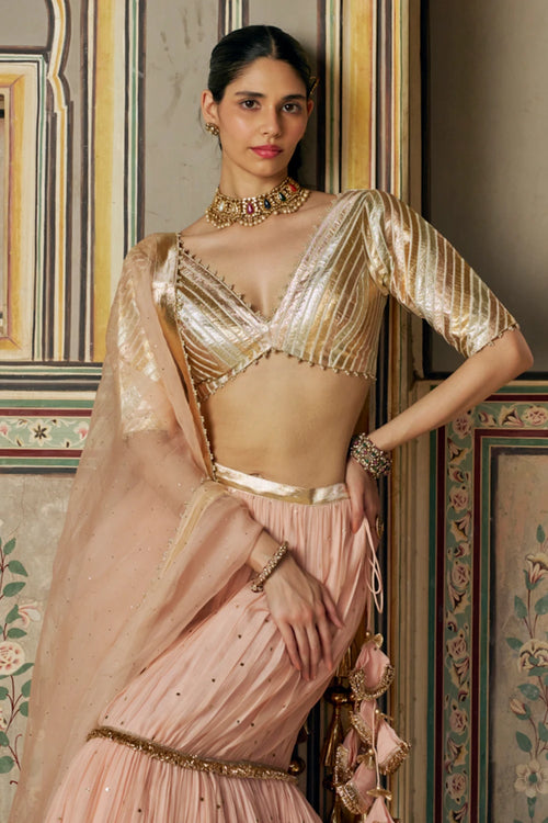 Vintage Blush Tri-Color Fish Cut Lehenga