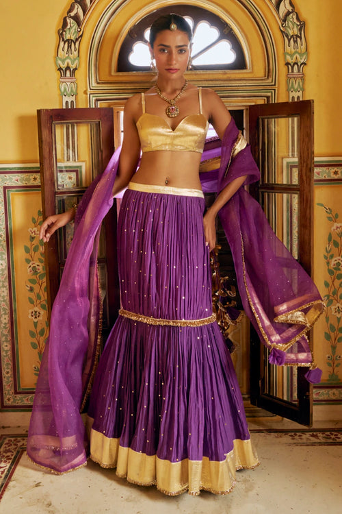 Imperial Purple Mukesh Fish Cut Lehenga