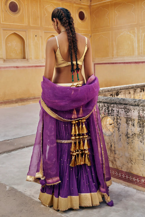 Imperial Purple Mukesh Fish Cut Lehenga