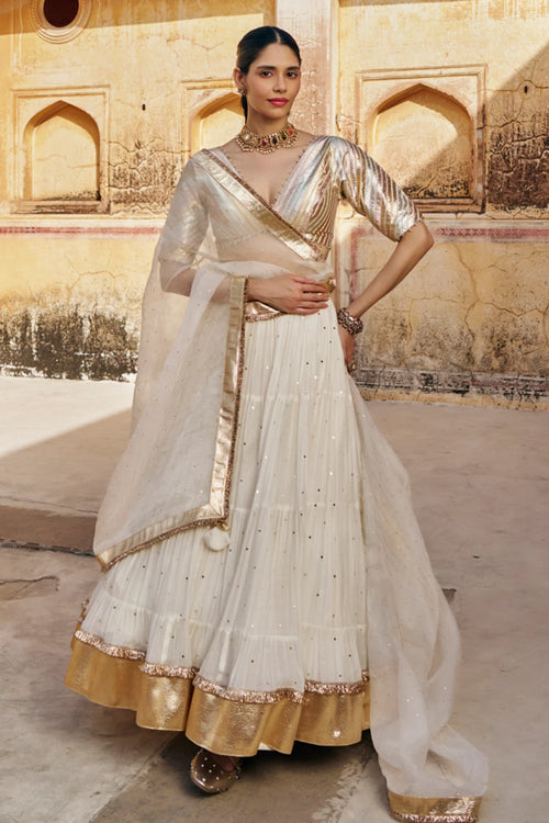 Ivory Tri-Color Mukesh Lehenga