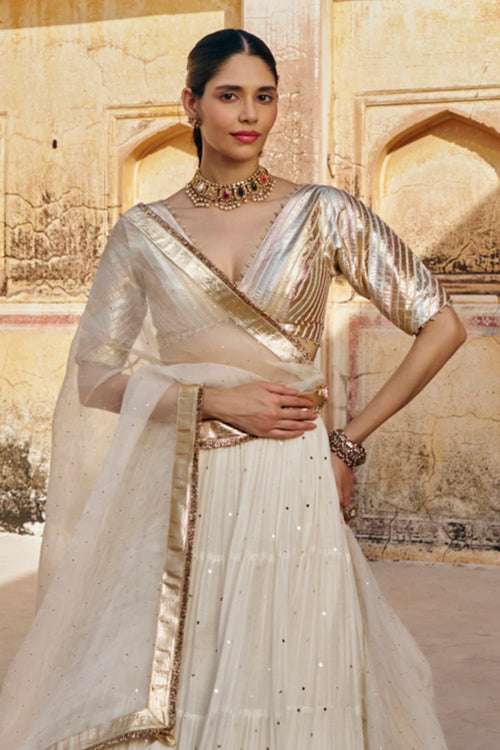 Ivory Tri-Color Mukesh Lehenga