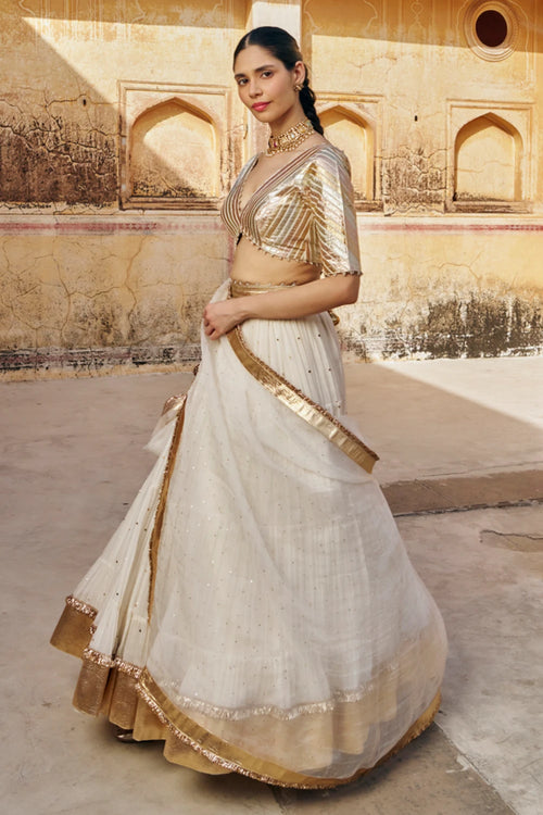 Ivory Tri-Color Mukesh Lehenga