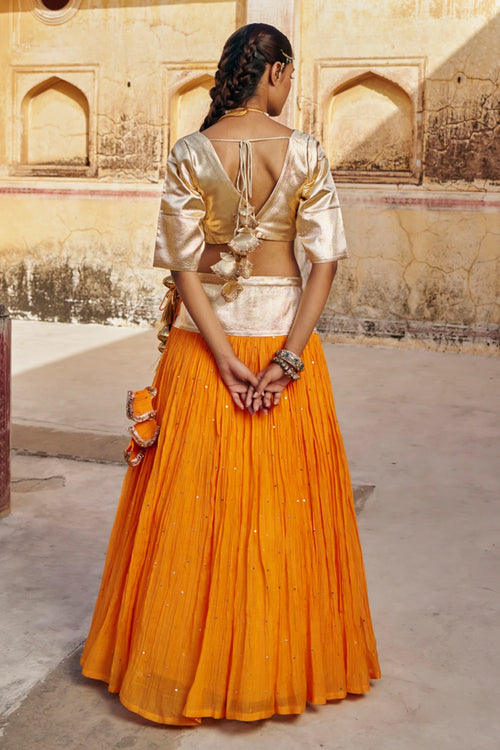 Saffron Golden Zari Mukesh Lehenga