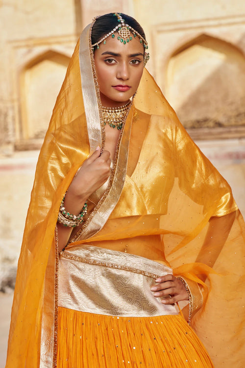 Saffron Golden Zari Mukesh Lehenga