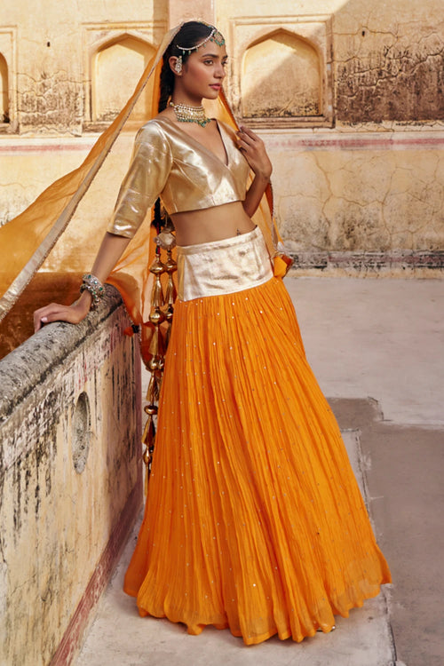 Saffron Golden Zari Mukesh Lehenga