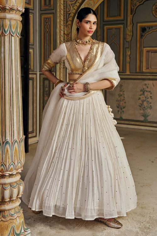 Ivory Double Border Golden Zari Mukesh Lehenga