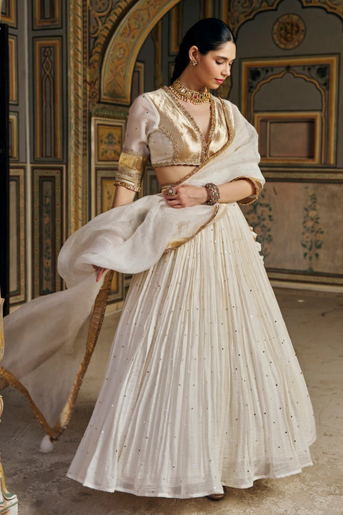 Ivory Double Border Golden Zari Mukesh Lehenga