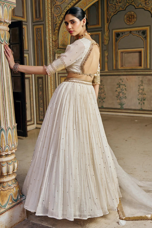 Ivory Double Border Golden Zari Mukesh Lehenga