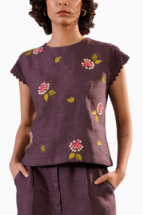 Lavender Dahlia Block Print Top and Flare Pant