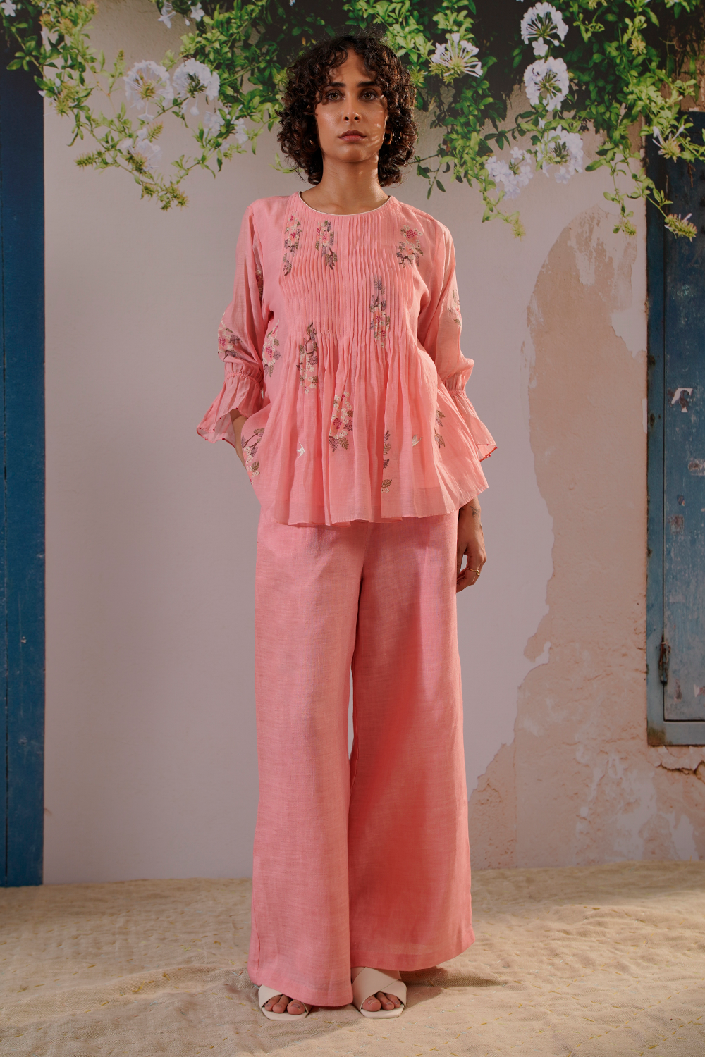 Pink Dahlia Block Print Pleated Top and Flare Pant