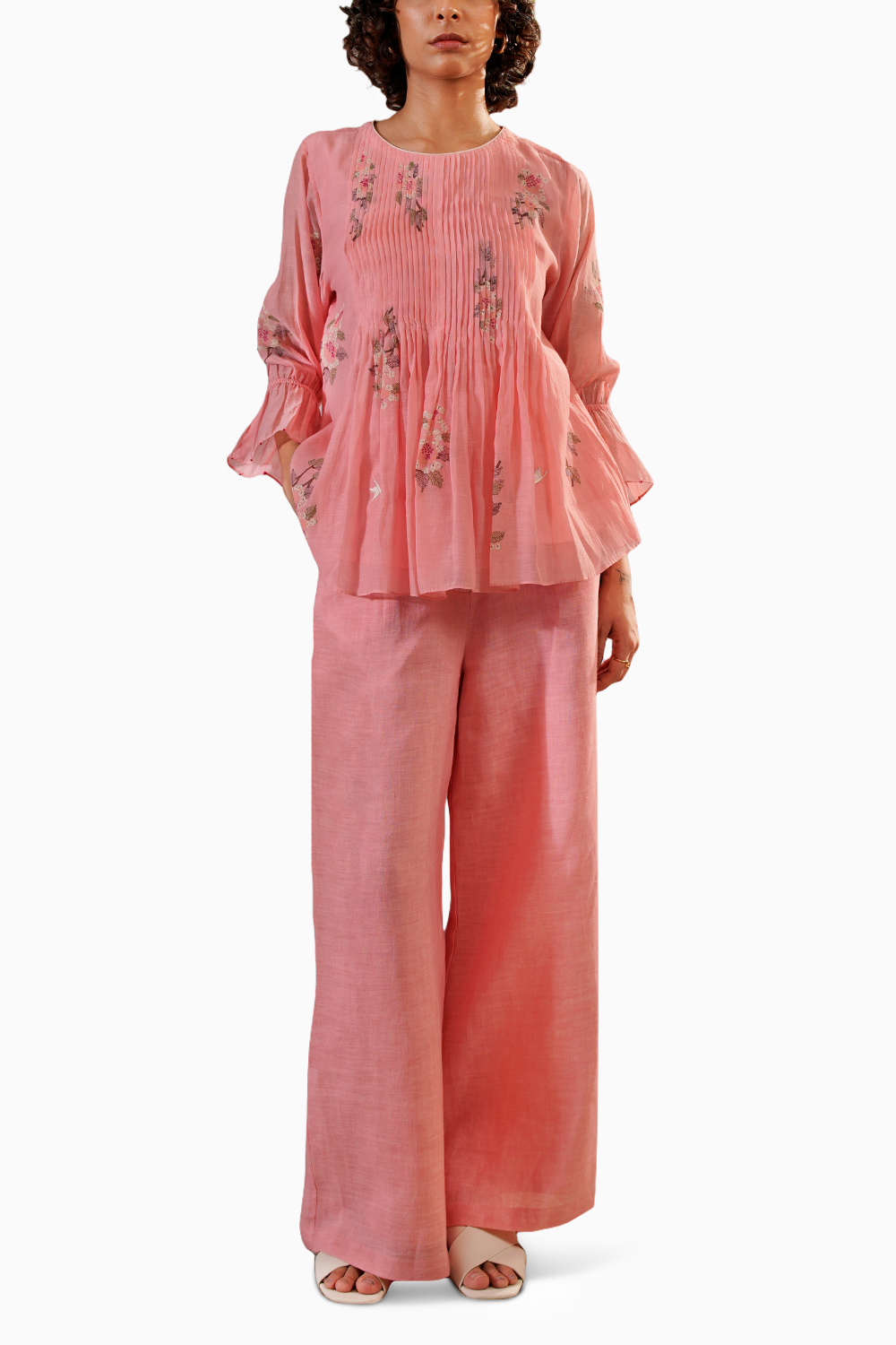 Pink Dahlia Block Print Pleated Top and Flare Pant