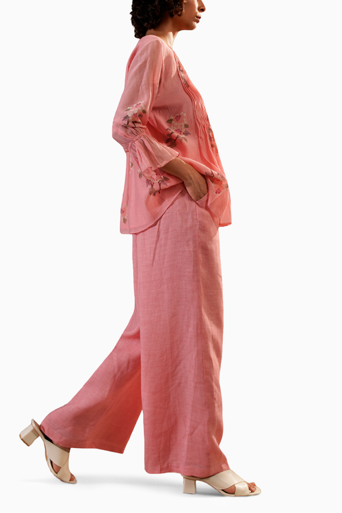 Pink Dahlia Block Print Pleated Top and Flare Pant