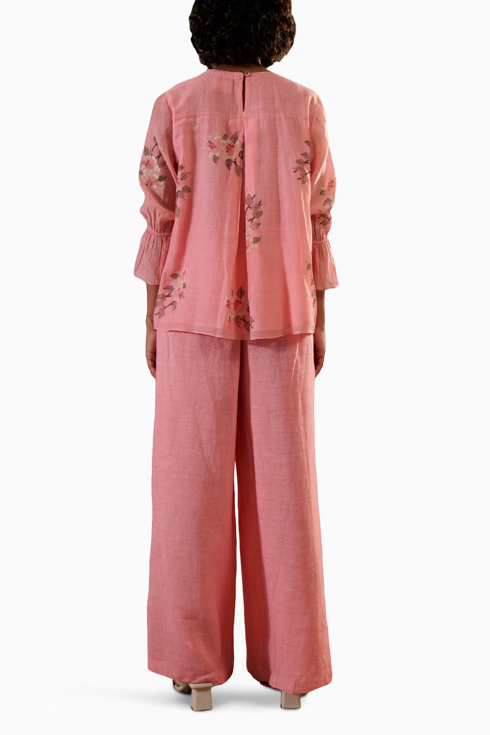 Pink Dahlia Block Print Pleated Top and Flare Pant