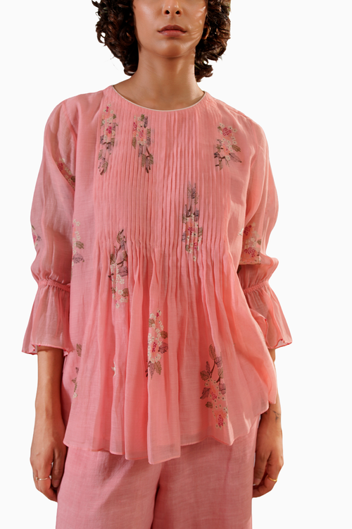 Pink Dahlia Block Print Pleated Top and Flare Pant