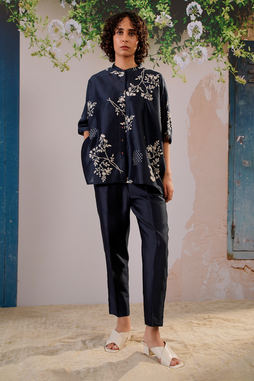 Indigo Disharge Print Kaftan Top and Straight Pant