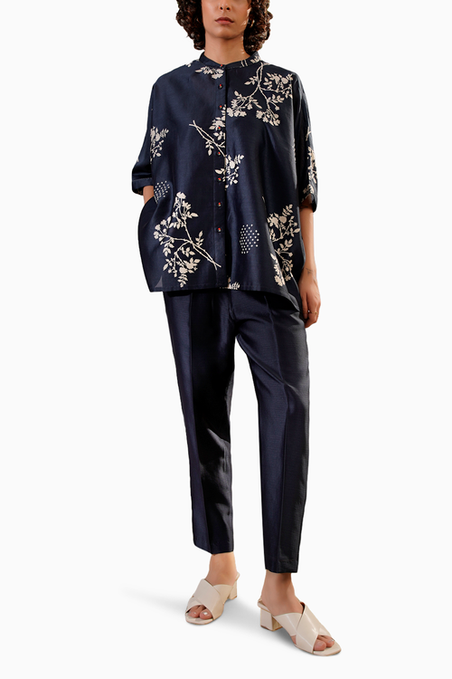 Indigo Disharge Print Kaftan Top and Straight Pant