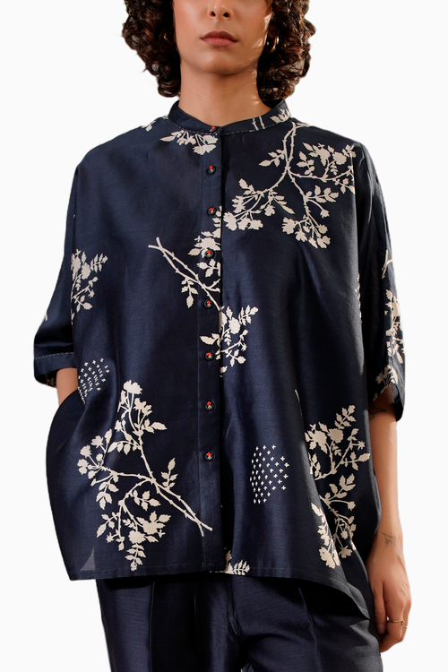 Indigo Disharge Print Kaftan Top and Straight Pant
