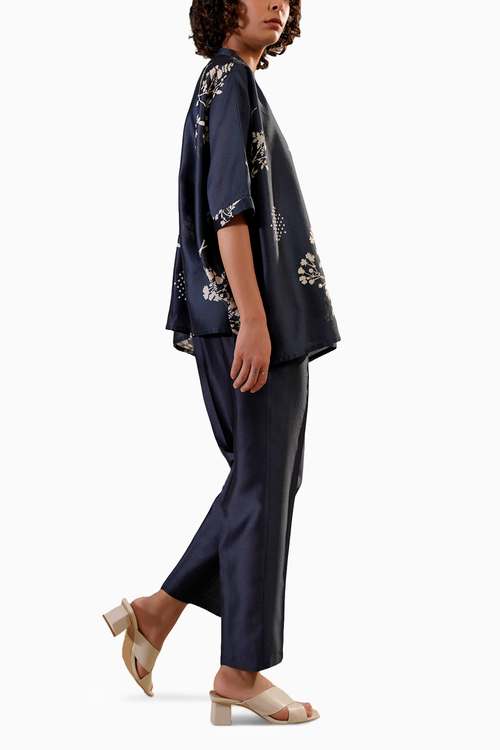 Indigo Disharge Print Kaftan Top and Straight Pant