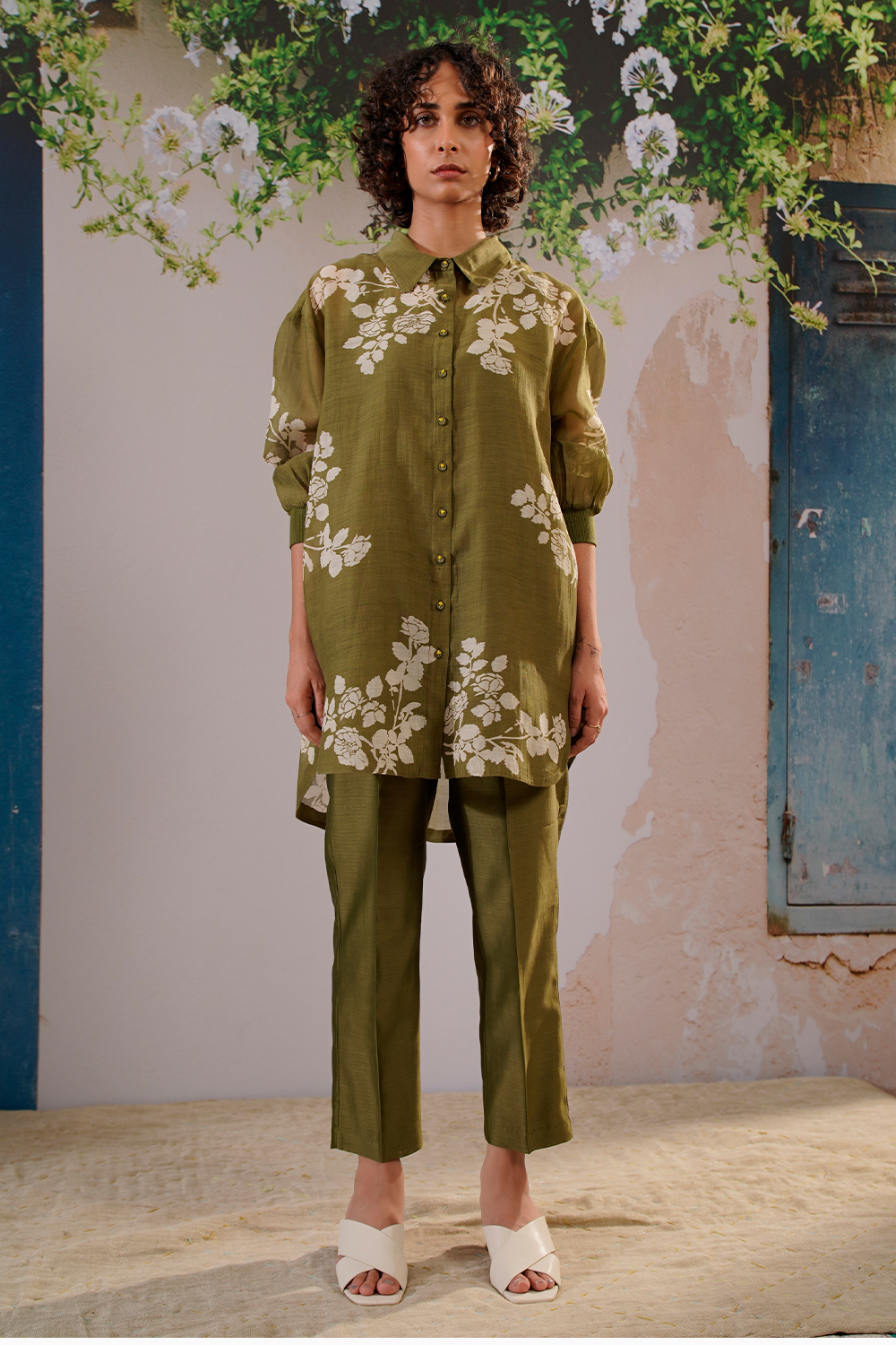 Olive Disharge Print Oversized Shirt and Pant