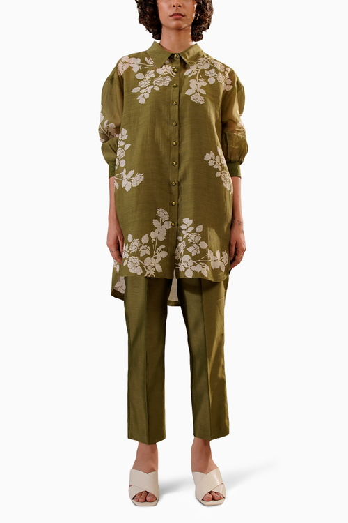 Olive Disharge Print Oversized Shirt and Pant