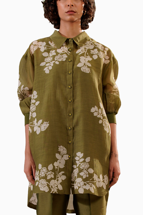 Olive Disharge Print Oversized Shirt and Pant