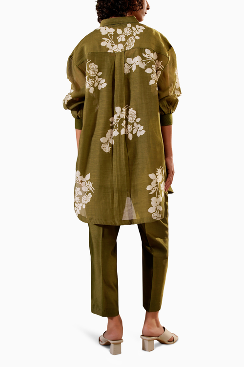 Olive Disharge Print Oversized Shirt and Pant