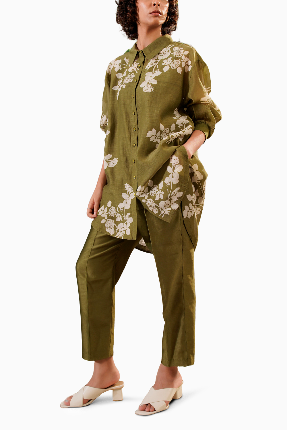 Olive Disharge Print Oversized Shirt and Pant