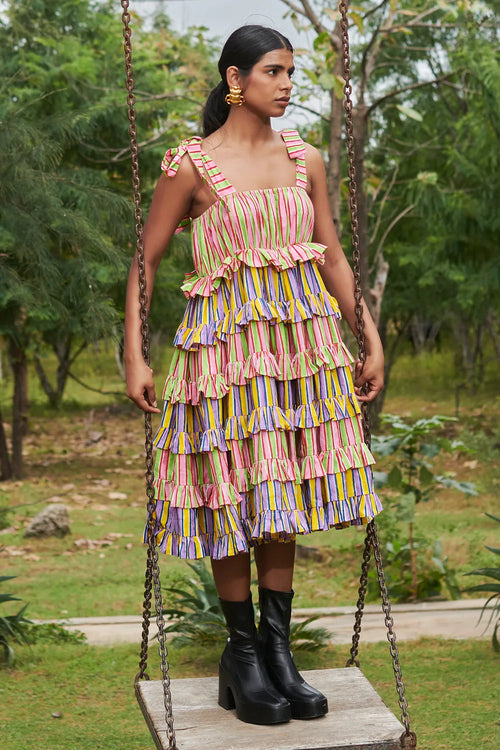 Bonbon Stripes Frilly Tie Dress