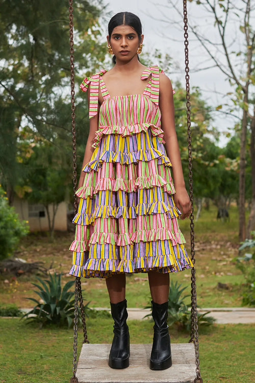 Bonbon Stripes Frilly Tie Dress