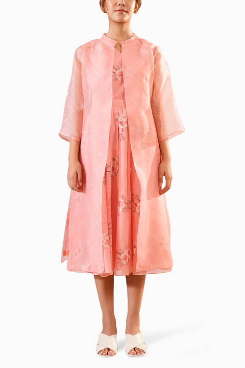 Pink Dahlia Block Print Top Skirt and Jacket