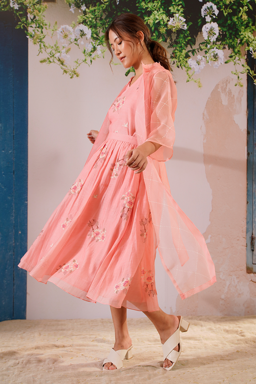 Pink Dahlia Block Print Top Skirt and Jacket