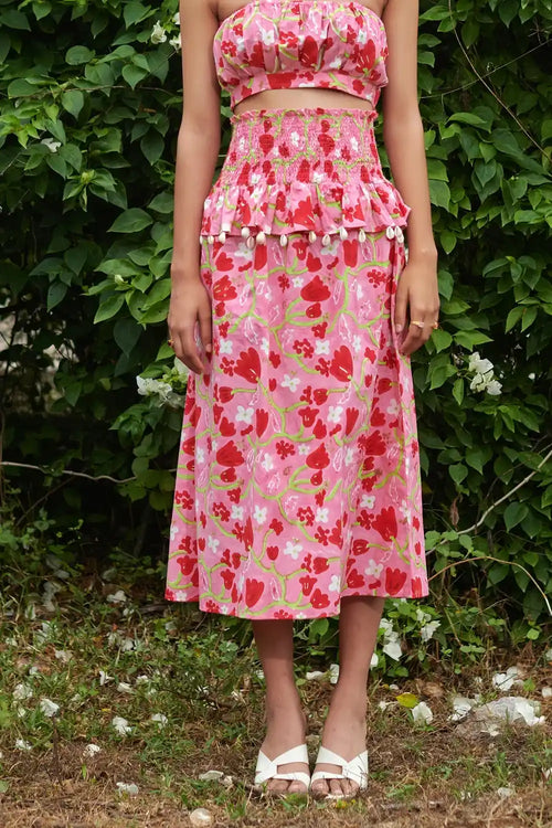 Le Blush Fleur Midi Smocked Skirt
