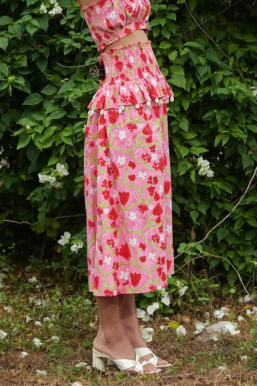 Le Blush Fleur Midi Smocked Skirt