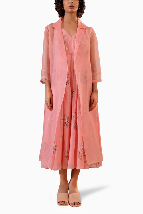 Dahlia Block Print Strap Dress With Organza Jacket