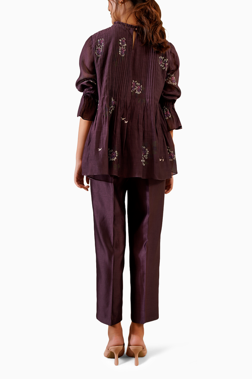 Lavender Dahlia Block Print Pin Tucked Top and Straight Pant