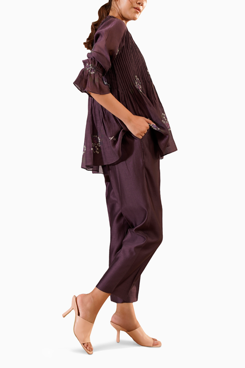 Lavender Dahlia Block Print Pin Tucked Top and Straight Pant