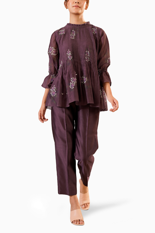 Lavender Dahlia Block Print Pin Tucked Top and Straight Pant