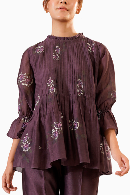 Lavender Dahlia Block Print Pin Tucked Top and Straight Pant