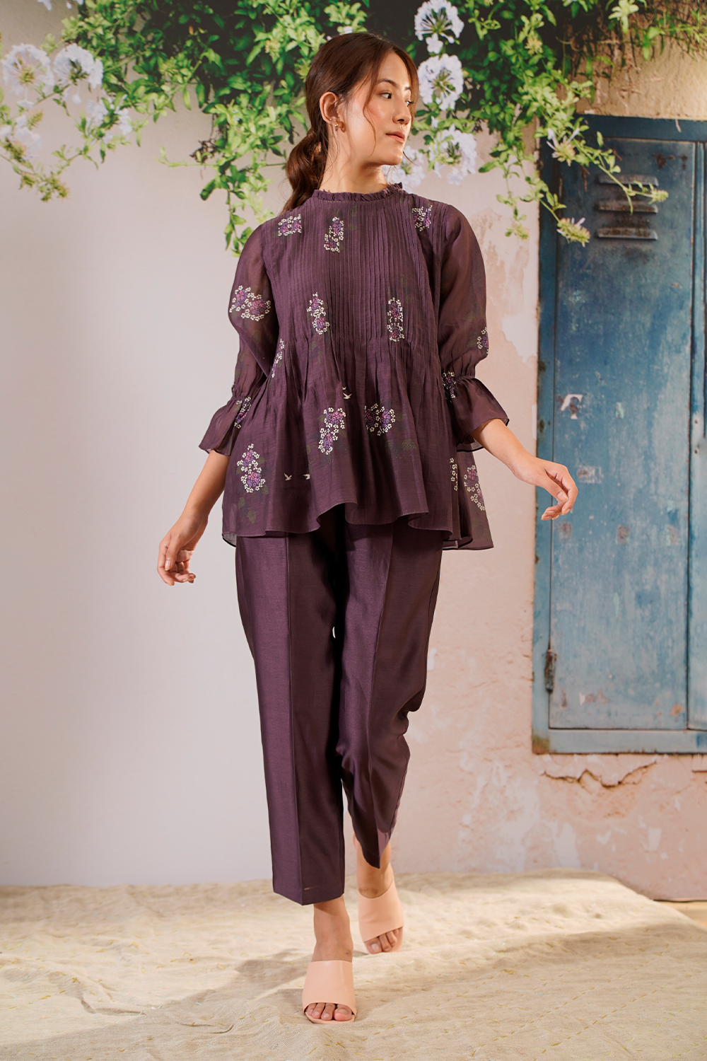 Lavender Dahlia Block Print Pin Tucked Top and Straight Pant