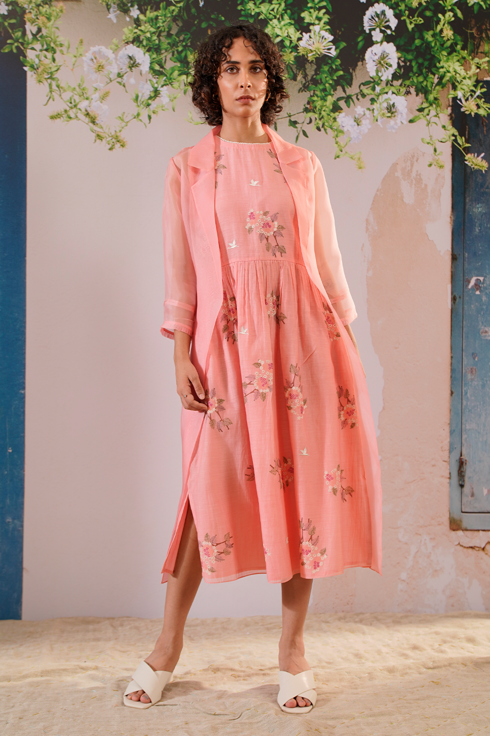 Pink Dahlia Block Print Gathered Dress and Solid Jacket