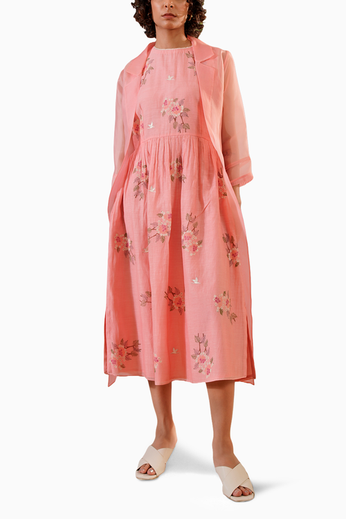 Pink Dahlia Block Print Gathered Dress and Solid Jacket