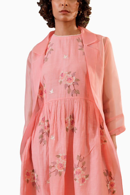Pink Dahlia Block Print Gathered Dress and Solid Jacket