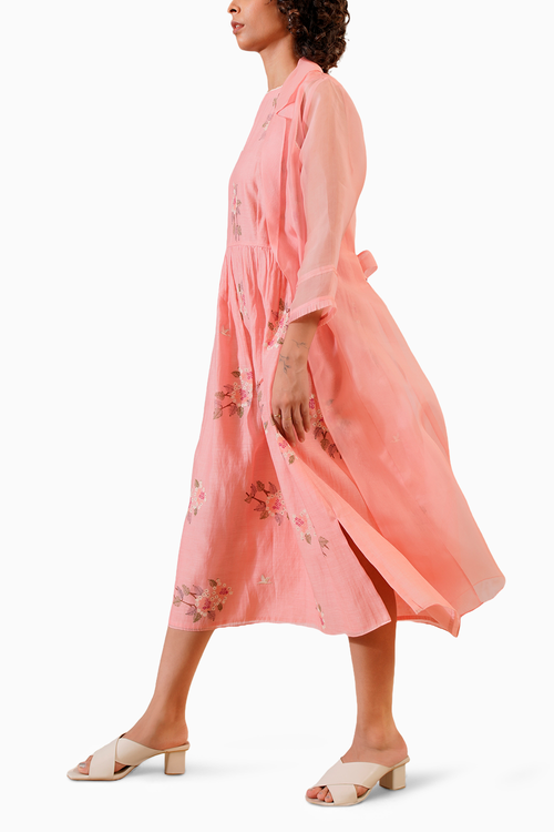 Pink Dahlia Block Print Gathered Dress and Solid Jacket