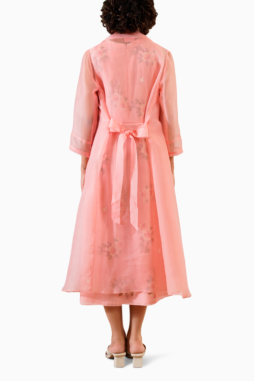 Pink Dahlia Block Print Gathered Dress and Solid Jacket