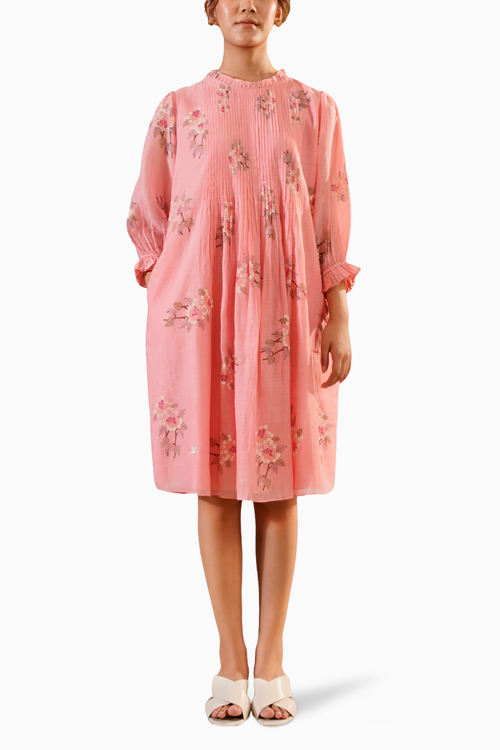 Pink Dahlia Block Print Pleated Dress