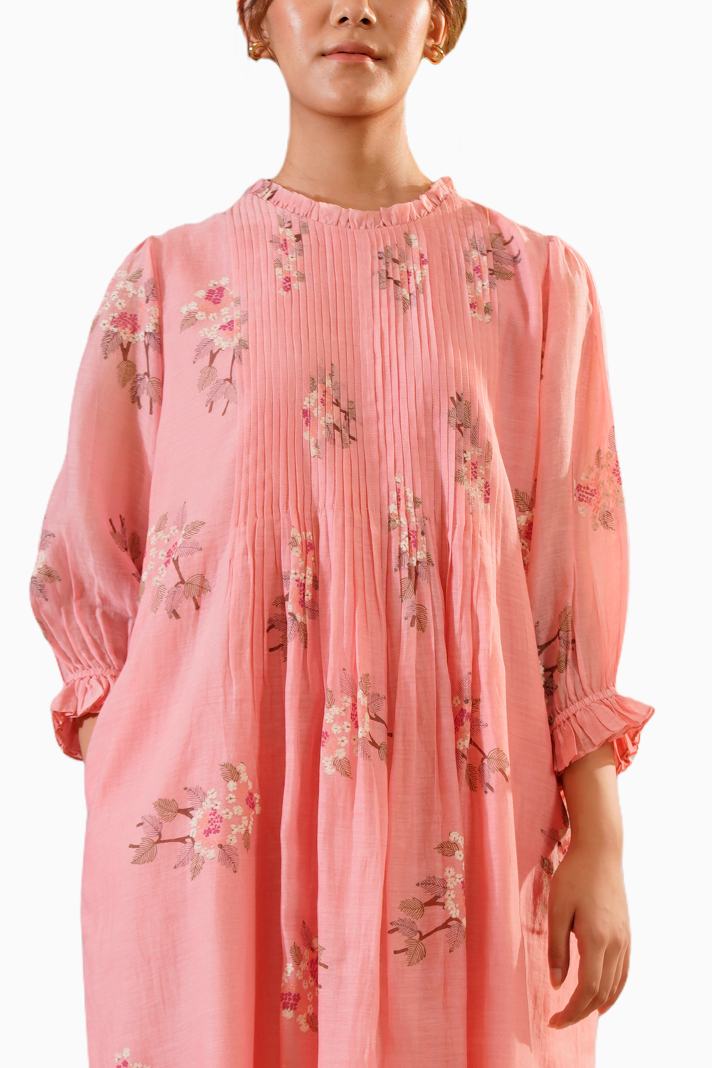 Pink Dahlia Block Print Pleated Dress