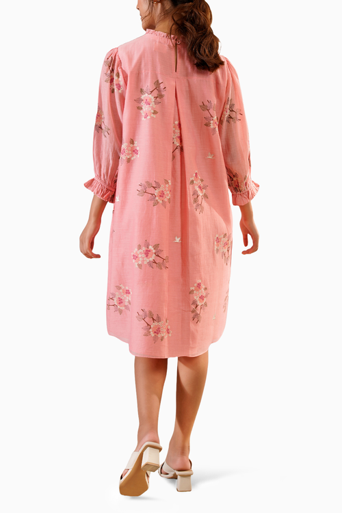 Pink Dahlia Block Print Pleated Dress
