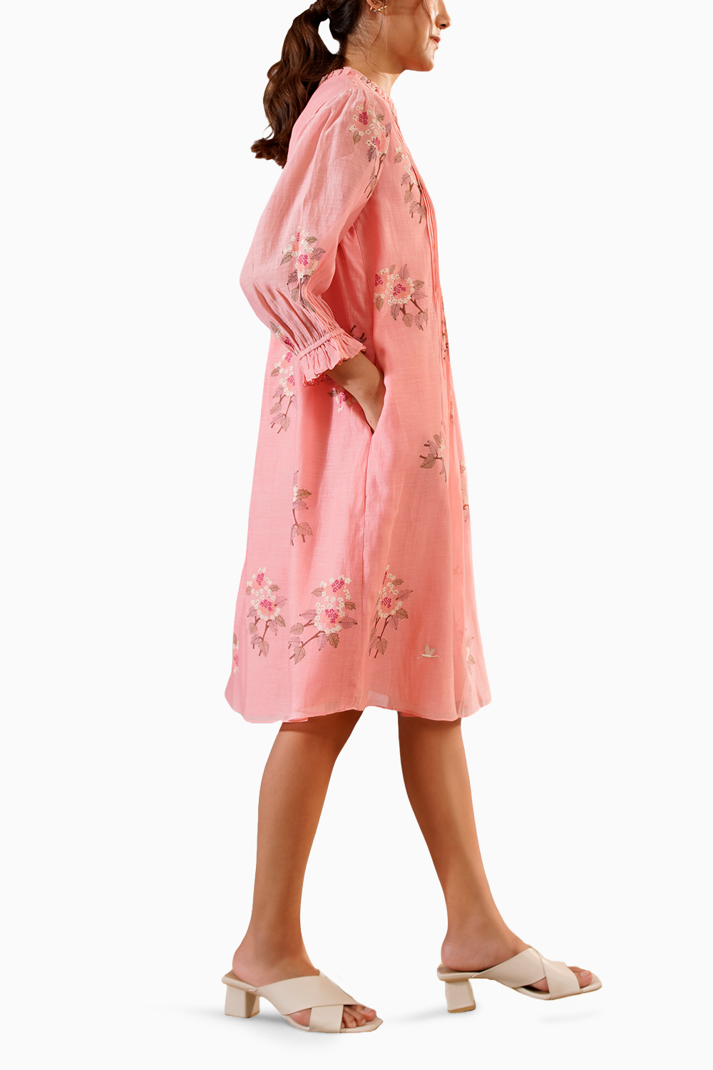 Pink Dahlia Block Print Pleated Dress