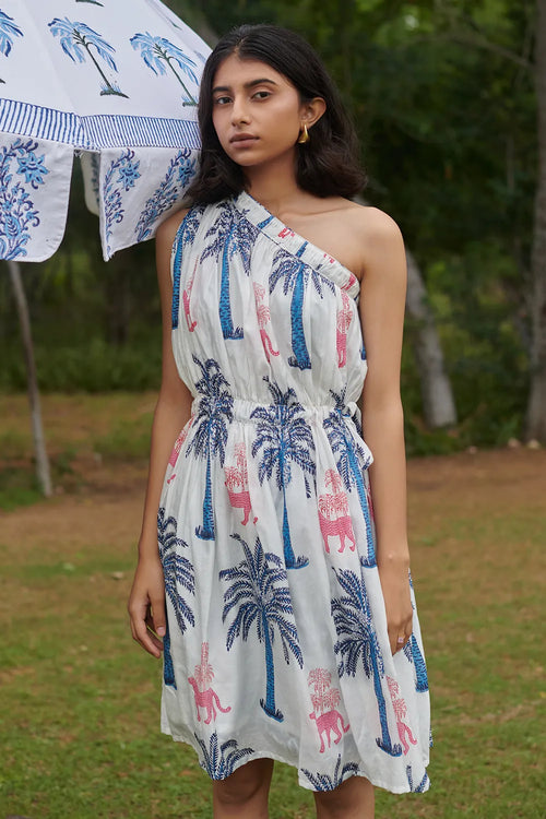 Pink Panther Pleated One Shoulder Tie Dress